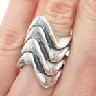 925 Sterling Silver Vintage Modernist Wavy 4-Row Oxidized Ring Size 6.25
