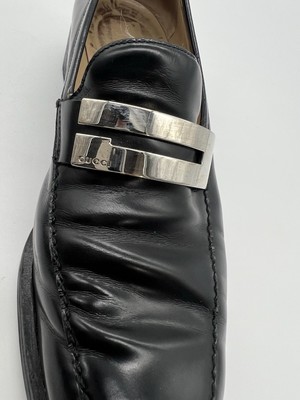 Gucci Women's 6.5B Black Leather Loafers Square G Silver Logo