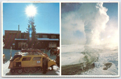 #ad Yellowstone Old Faithful Snowlodge Postcard with Geyser amp; Snowmobile 1982 $4.95