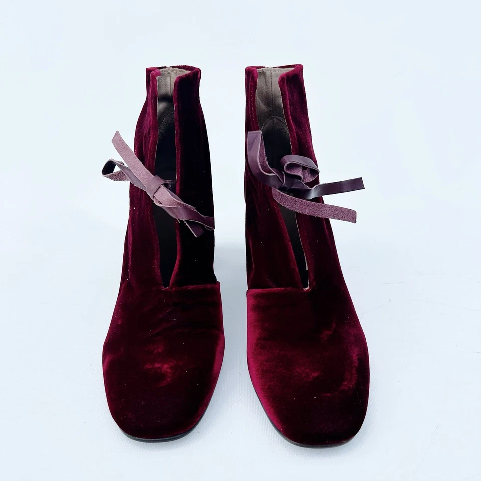 Nuevo Coclico Terciopelo Tacón Bloque Punta Redonda Lazo Botines Rojo 6.5 Borgoña 37 Foto 3 de 4