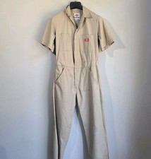 DICKIES Y2K Short Sleeve Thrashed Khaki Jumpsuit Utility Workwear Streetwear S