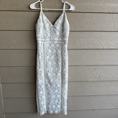 EB Luxe White Lace Midi Dress,  V-neckline, Back Slit, Size Small
