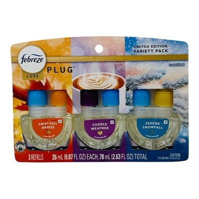 3 Refills Febreze Plug Luxe Variety Crisp Fall Cuddle Weather Serene Snowfall