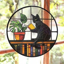 Black Cat Reading Book Stained Glass Suncatcher, Book Lover Gift For Bookworm