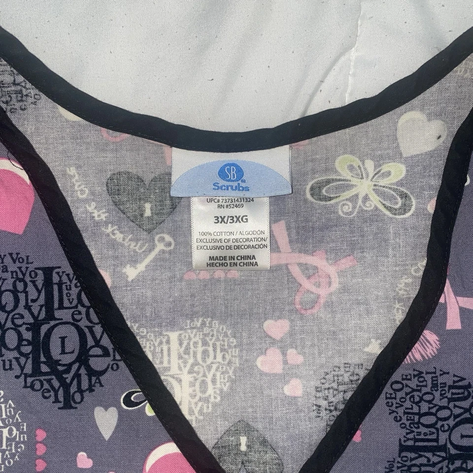 Women’s Unlock The Cure Cancer Scrub Top Plus Size 3XL Black & Pink Hearts - Image 3 of 3