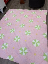 Vintage Handmade Quilt, Pink Poppy Quilt, Queen Size, Great Condition, 93in x 83