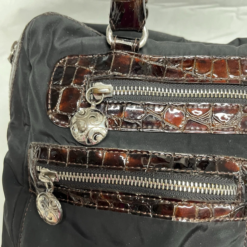 Brighton Nylon Patent Tote Shoulder Bag Purse Black Brown Croc Embossed Trim - Image 3 of 4