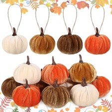 12 Pcs Velvet Fall Pumpkin Ornament 2 Inch Fall Decor, Neutral