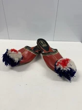 Vintage Greek Women’s Tsarouchia Leather Slippers – Red with Pom Poms (EU 36)