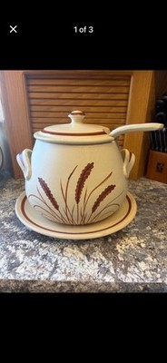 Vintage Treasure Craft Speckled Ceramic Soup Tureen w/Matching Ladle Wheat Desgn