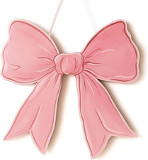 Pink Bow Wooden Wall Sign - Cute Girly Decor for Girls Room Dorm and Door - Prep
