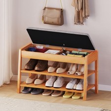 Shoe Rack Bench with Storage, 2-Tier Solid Wood Entryway Bench with Cotton-Li...