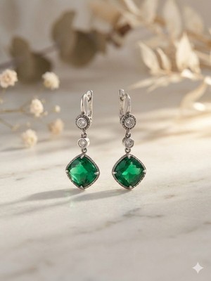 Real Silver Drop Earrings with Emerald Green Cushion Stones Handmade