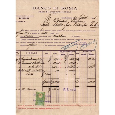 1913 Italian Banco di Roma Constantinople Branch Letterhead Document
