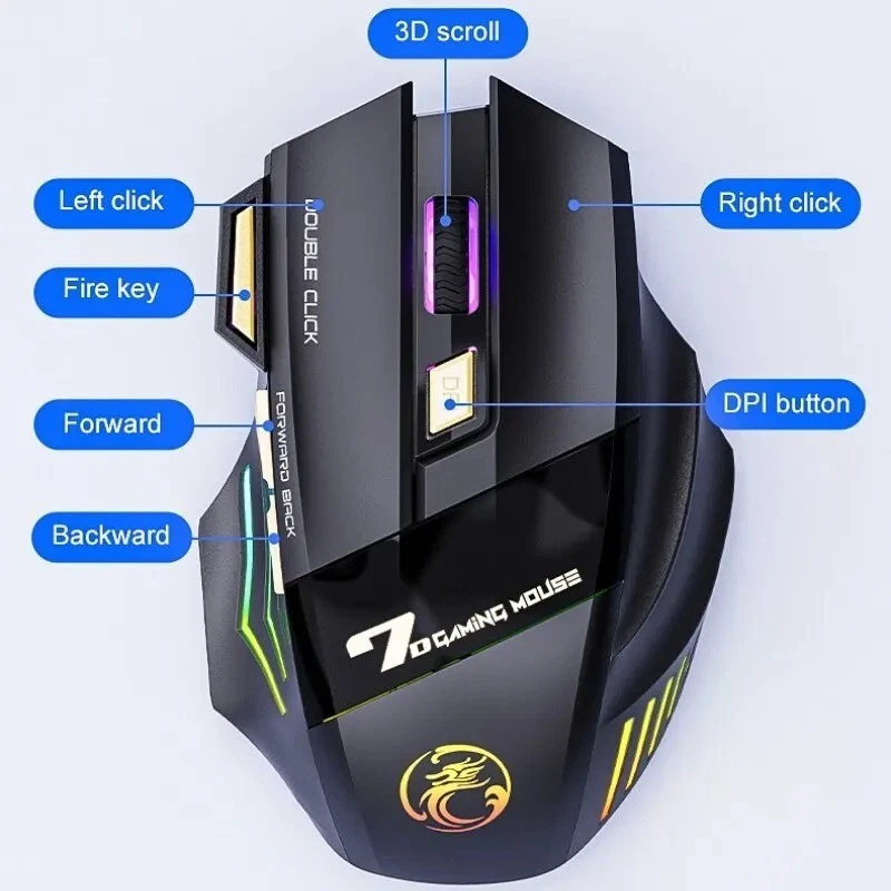 Rechargeable Wireless Gaming Mouse RGB Light Dual Mode Bluetooth & 2.4G 3200 DPI - Image 4 of 4
