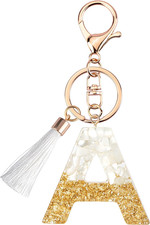 Cute Beige Key Chains for Women Girls, Initial Letter Keychains with White Tasse