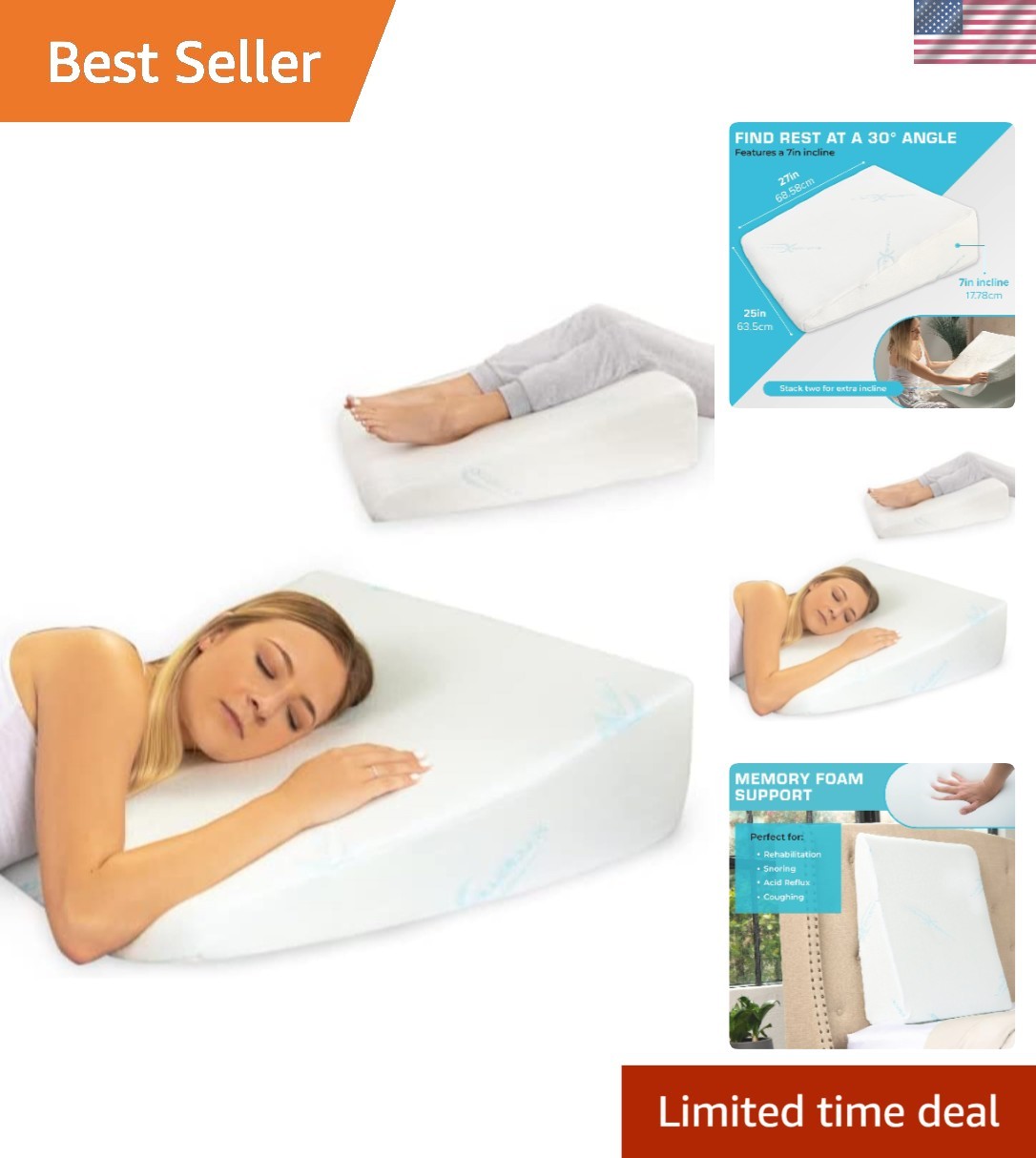 7-Inch Memory Foam Wedge Pillow for Sleep Support & Comfort  -image