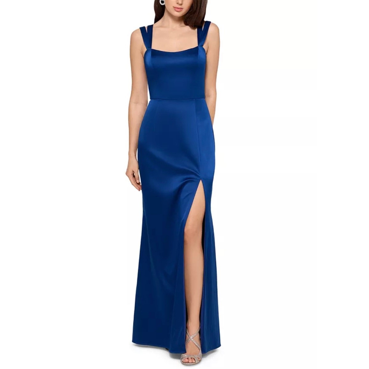 xscape navy blue dress Evening Gown Satin Double Strap Thigh Slit Column Size 4 Color:03 Red Print Midnight blue gown with Antonio Cerrelli Ten Women's Posse Satin