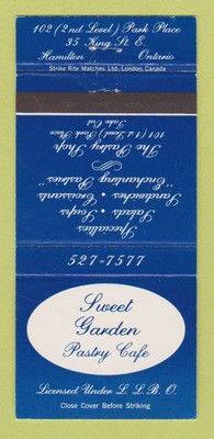 Matchbook Cover - Sweet Garden Pastry Cafe Hamilton ON 30 Strike