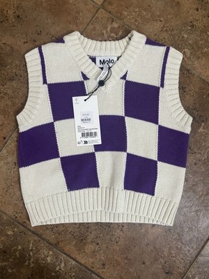 Molo: Gritta, Girls, Checkered Sweater Vest, White And Purple, 5-6 Y, NWT