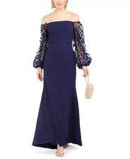 Eliza J Womens 3-D Floral Sleeve Off Shoulder Scuba Crepe Gown Navy 6 NEW 228
