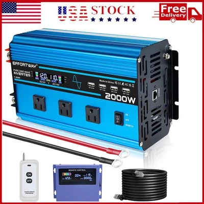 EFFORTWAY 2000W 4000W Pure Sine Wave Power Inverter 12V to 110V Remote Control Converter