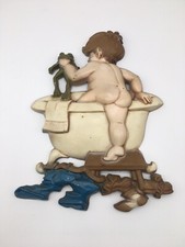 Vintage Sexton 1970 Boy  Frog In Clawfoot Tub Cast Metal Wall Hanging Decor