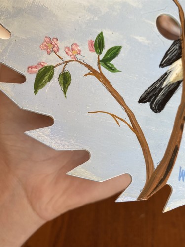William Fritzsch Jr (1939-2018) Oil On Saw Blade Goldfinch Tree w/ Pink Flowers - Picture 18 of 24