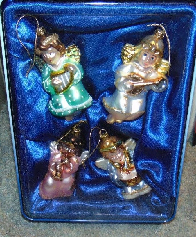 Four Mercury Glass Angel Ornaments Playing Musical Instruments Tin Container