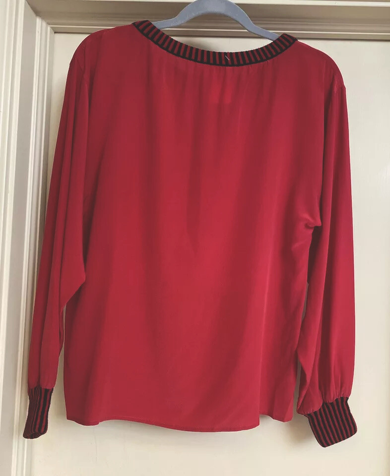 SAINT LAURENT Camicia vintage Yves St. Laurent M seta rossa + finiture nere a righe collo lungo Sl barca