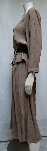 Vintage 90's 80's Impulsive Tan & Black Jacquard Crinkle Peplum Dress - Size L - Picture 6 of 11