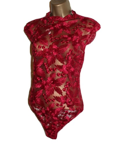 Lipsy Red Lace Bodysuit Top 12 14 M High Neck Body Evening Xmas Party Sexy Sheer - Picture 6 of 16