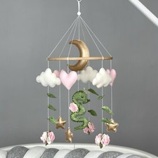 Snake baby crib mobile girl Fantasy nursery decor Flower mobile Felt green snake