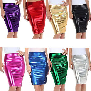 Femmes Femmes Métallique Brillant PVC Aspect Mouillé Taille Haute Crayon Midi partie jupe