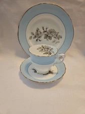 Vtg Crown Staffordshire Grey Blossom Tea Cup And Saucer & 8 " Luncheon Plate 