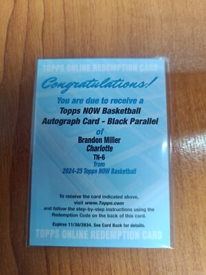 2024 - 25 Topps NOW Brandon Miller Autograph Card # TN-6 Redemption SP /10 Black