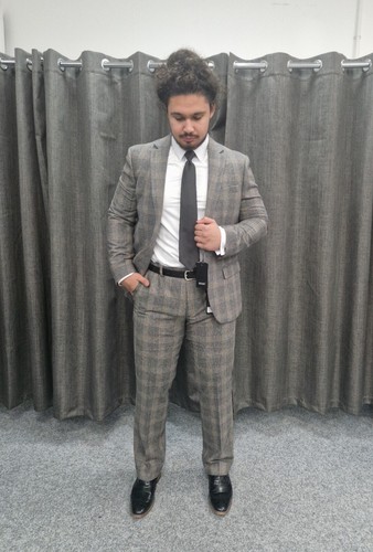 Mens Two Piece Suit Chest 36" Waist 32" Grey Tan Check Tailored, Races, Groom, - Picture 8 of 8