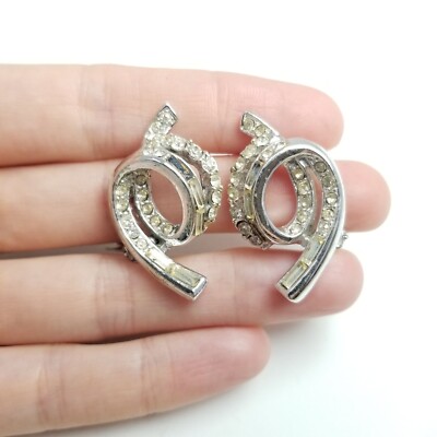 Vintage Silver Tone Spiral Rhinestone Clip On Earrings Retro Estate Style