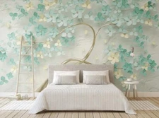 3D Relief Mint Green Floral Self-adhesive Removeable Wallpaper Wall Mural
