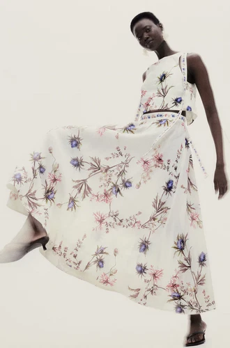 H&M Linen-Blend Skirt (White/Floral)
