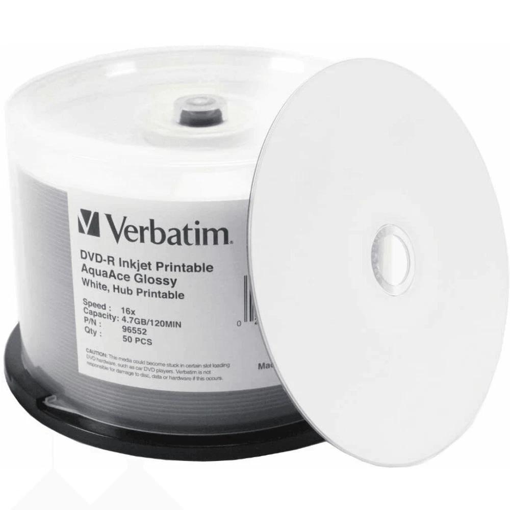 NEW 50x Verbatim CD DVD Glossy White AquaAce Printable DVD-R 16X 4.7GB Disc BULK