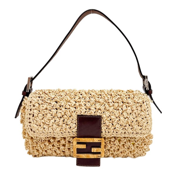 FENDI Baguette Crochet Brown Woven Straw Shoulder Bag