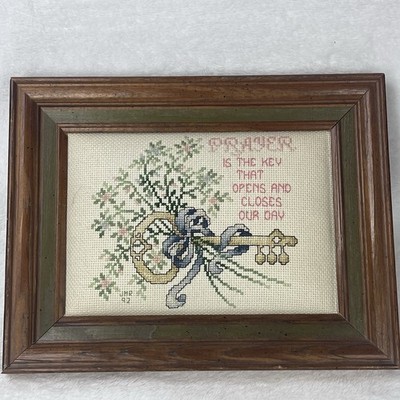 Vintage Framed Cross Stitch Wall Art  Prayer Is the Key That Opens Closes Day''