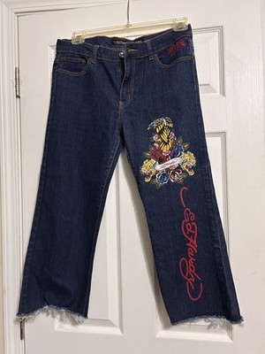 womens ed hardy jeans embroidered tiger flowers
