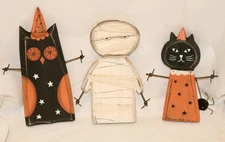 Primitives by Kathy Halloween Sitter Set 3 Owl Cat Mummy Rustic Home Decor Fall