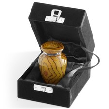 Small Mini Keepsake Cremation Urn for Human Ashes, Teak Wood Grain Velvet Case