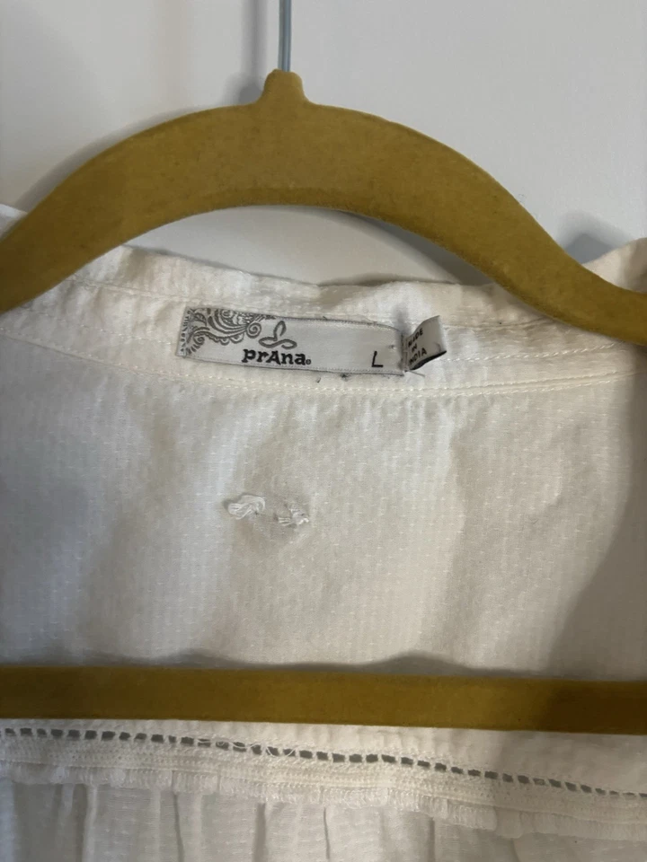 Prana 纽扣女式长袖 Cottage Core 波西米亚白色亚麻 L 码衬衫 — 第 2/4 张图片