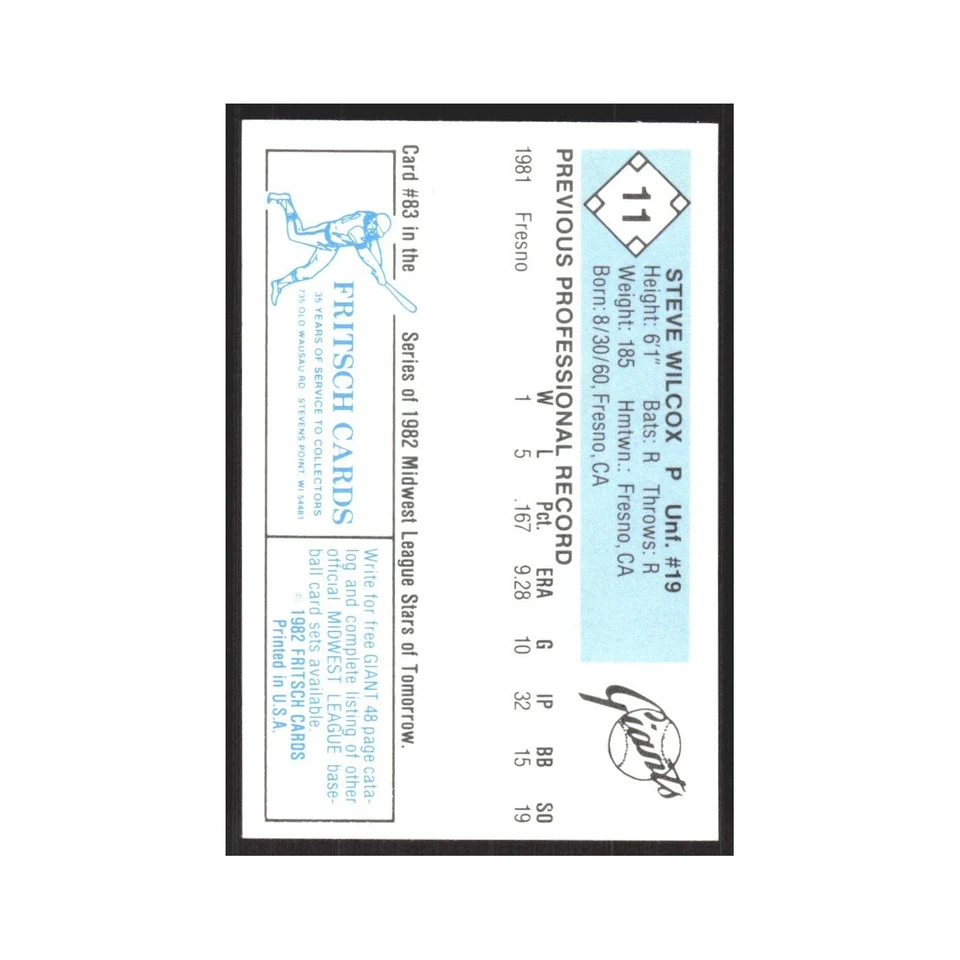 1982 Fritsch Minor League Steve Wilcox Clinton Giants #11.0 - Image 2 of 3