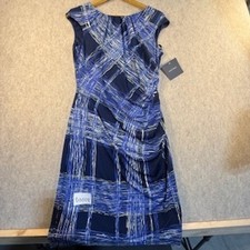 Ellen Tracy Blue Abstract Crosshatch Ruched Sheath Dress Size 6 New