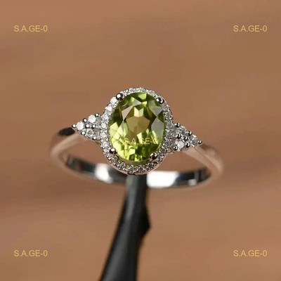 3,16 kt ovaler grüner natürlicher Peridot-Diamant-Verlobungsring 14 K Weißgol...